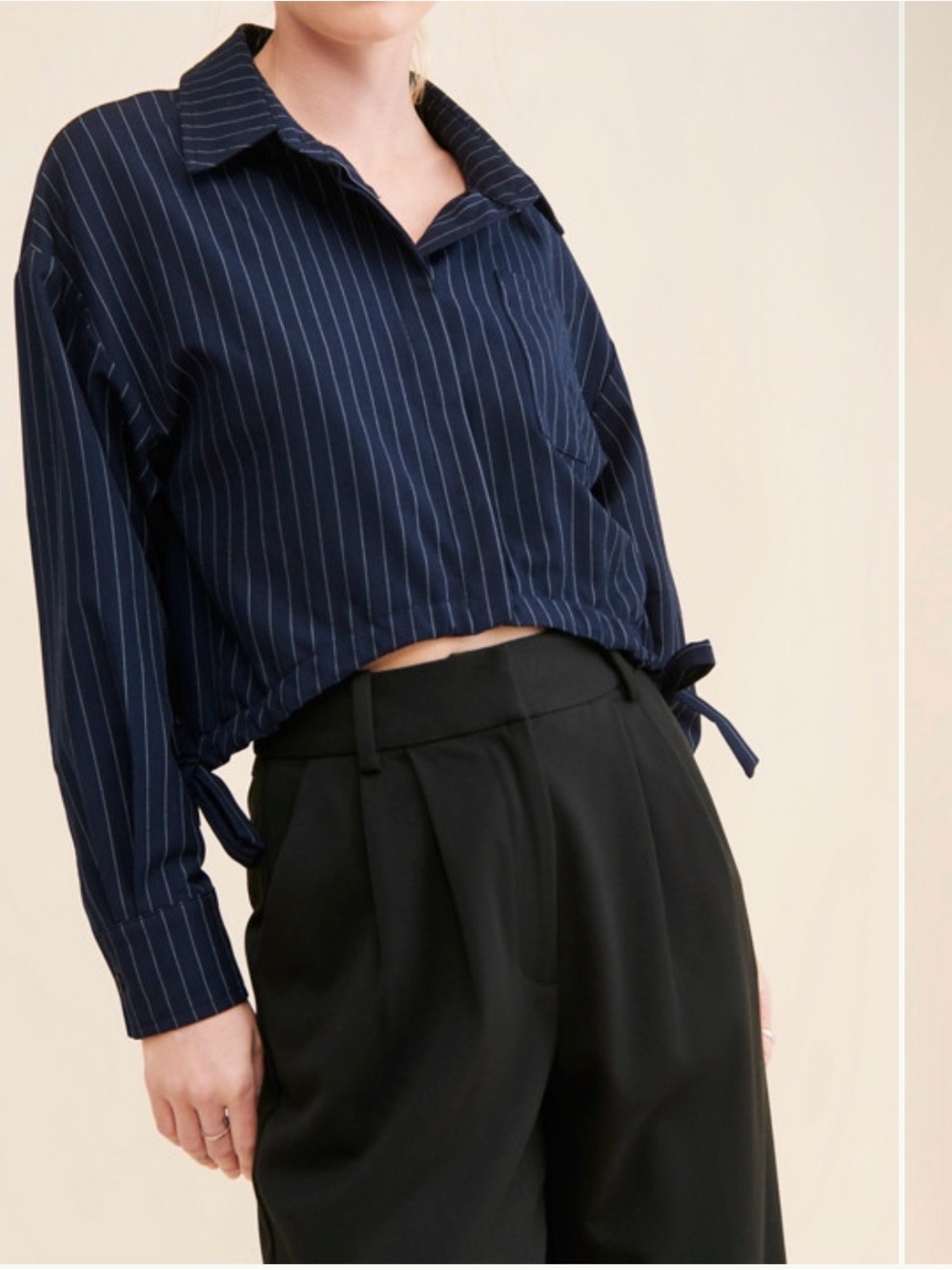 Anthropologie Navy Pinstripe Button-Down Cropped Shirt